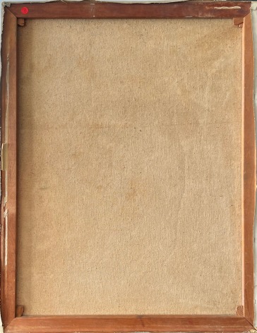 Image of verso on untitled (048) abstract painting by Naohiko Inukai in yellows, turquoise, orange, red, pink and green.