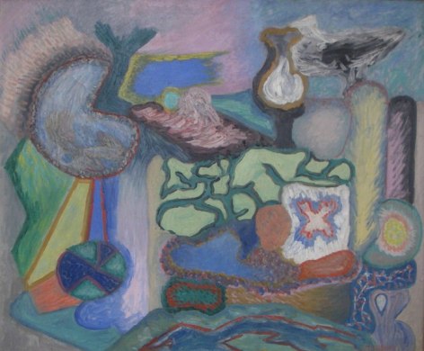 Image of sold Max Schnitzler untitled abstract oil painting in pinks, greens, blues, white and oranges.