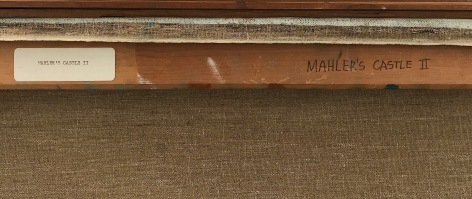 Image of title inscription and white sticker with same on verso on &quot;Mahler's Castle II&quot; painting by Budd Hopkins.