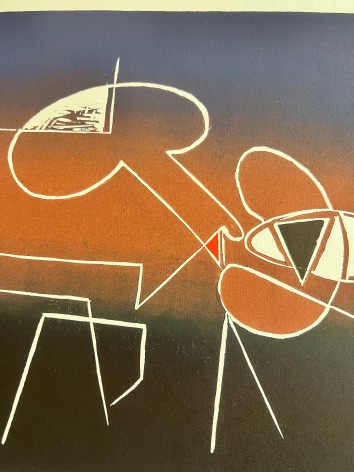 Image of close-up on untitled 1972 abstract lithograph by Hans Burkhardt in white, black and browns.