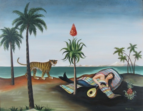 Image of Martha Cahoon's sold painting entitled &quot;Hold That Tiger&quot; depicting a sleeping mermaid holding  a lute while a tiger paces up to her..