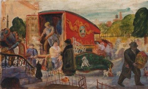 Image of sold oil painting entitled &quot;Moving Day&quot; by Philip Reisman showing a red moving van with several people helping to carry household items.