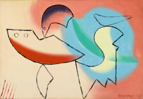 Image of &quot;4-35&quot; abstract painting by artist Joseph Biederman showing shapes in cool creams, blues, greens and brick reds with some outlines in black.