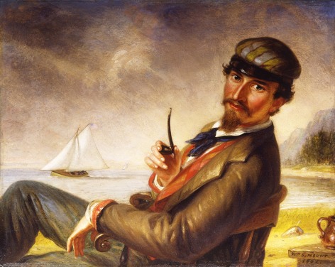 Image of sold William Sidney Mount painting of a bearded man sitting in a chair on the beach, wearing a cap and holding a pipe with a sailboat in the distance.