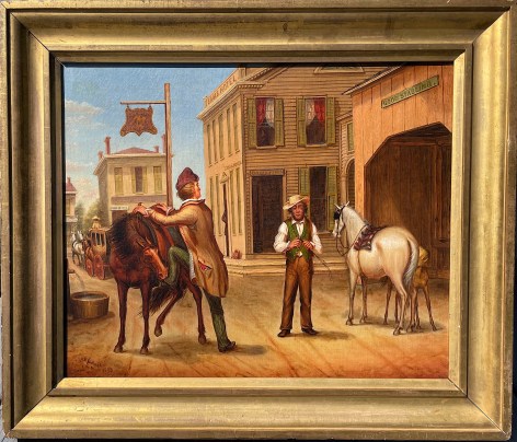 Gold painted frame view of Horse Trade Scene painting by Otis Bullard.