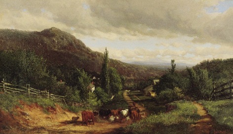 Image of sold oil painting by James McDougal Hart showing several cows and calfs returning from the field down a country lane.