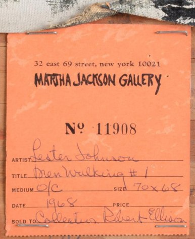 Martha Jackson Gallery label verso Men Walking #1 by Lester Johnson.