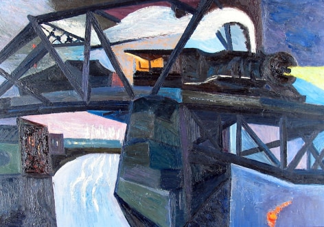 Image of sold oil painting by Gregorio Prestopino showing a train crossing over a bridge which spans a river.