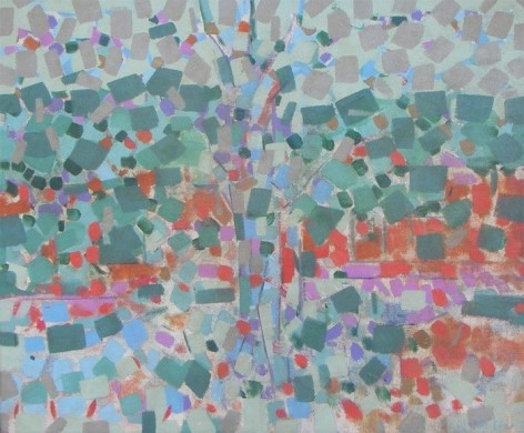 Image of sold oil painting by Carl Holty depicting an abstract landscape or tree form.
