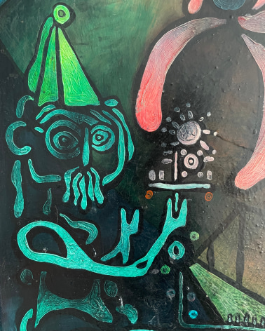 Closeup image detail of abstract green humanoid figure with hat in &quot;Inevitable Day - Birth of the Atom&quot;painting by Julio De Diego.
