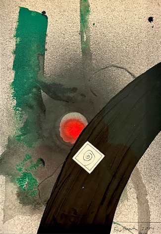 Image of untitled abstract collage by Fred Martin, done in red, black, green and grey mixed media.