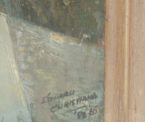 Image of signature and dates on &quot;Break of Day, Lobsterman&quot; painting by Edward Christiana.