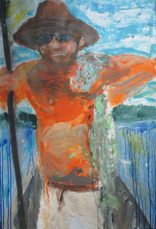 Image of Martin Hoogasian's 2017 painting &quot;Big Bass&quot; depicting a shirtless man in a hat and sunglasses holding a fishing pole and fish.