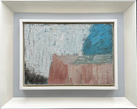 Image of frame on abstract painting entitled Composition by Robert Colescott, in white, blue, black and brick.