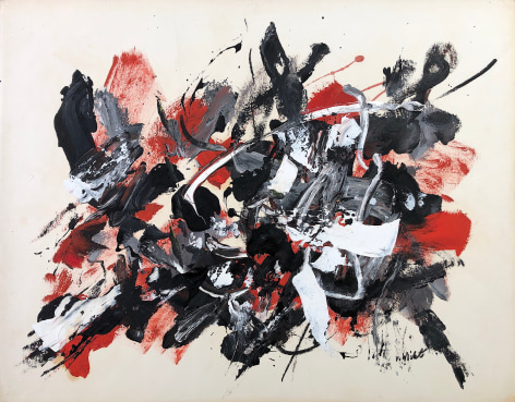 Image of untitled #066 painting by John Von Wicht of abstraction in red, black, white and grey on a light background.