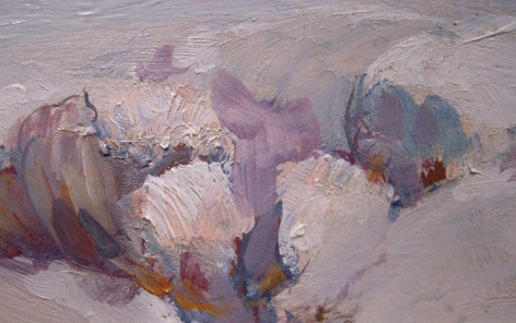 Closeup detail image of Snow Covered Trail painting by Oscar Berninghaus showing brushstroke details.