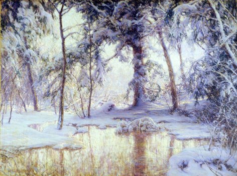 Image of sold oil painting by Walter Launt Palmer entitled &quot;Winter Idyl&quot; depicting the edge of a pond surrounded by snowy trees and brambles.
