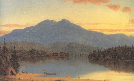 Image of sold Sanford Gifford painting showing a mountain lake at sunset with a teepee and figure with boat in the foreground.