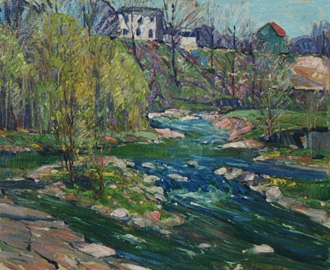 Image of sold oil painting of a landscape with a stream running through it and houses in the background by Carl William Peters.