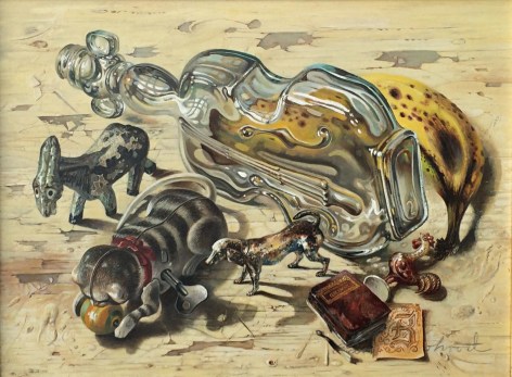 Image of sold still life painting by Aaron Bohrod entitled &quot;Bremen Town Musicians&quot; featuring an assortment of household items which represent aspects of the folktale.