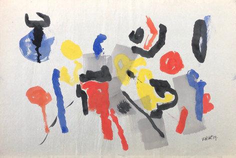 Image of untitled #113 abstract painting by John Von Wicht in primary colors with black and grey on a light background.