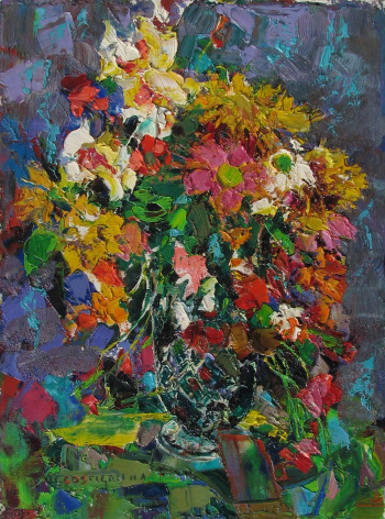 Image of John Costigan's sold still life oil painting of an impressionistic bunch of flowers.