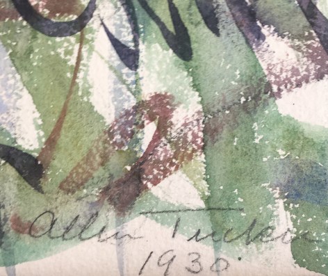 Signature on &quot;The Rainstorm&quot; watercolor painting by Allen Tucker.