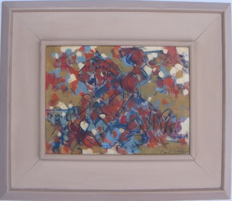 Image of painted frame on red abstract painting by Carl Holty.