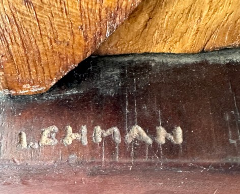 Image of signature on wood carved statue by Irving Lehman entitled &quot;Ancienne Noblesse&quot;.