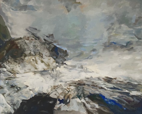 Image of sold 1961 oil painting entitled &quot;Storm on the Maine Coast&quot; by artist Balcomb Greene depicting a wild sea crashing up against rocks..