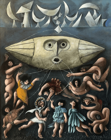 Image of oil painting entitled &quot;Lords of the Sky&quot; by Julio De Diego showing figures tethered to a dirigible-like form with a face.