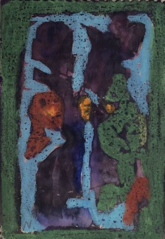 Image of sold untitled abstract oil and watercolor painting by Norris Embry in greens, blues, reds, purples and orange.