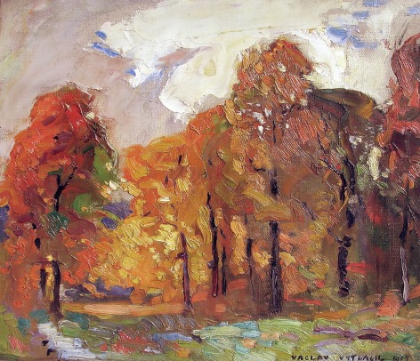 Image of and early Vaclav Vytlacil oil painting of a brightly colored fall landscape.