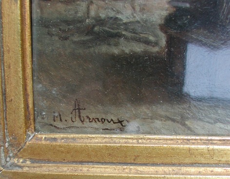 Image of signature on &quot;Girl with Bird&quot; painting by Michel Arnoux.
