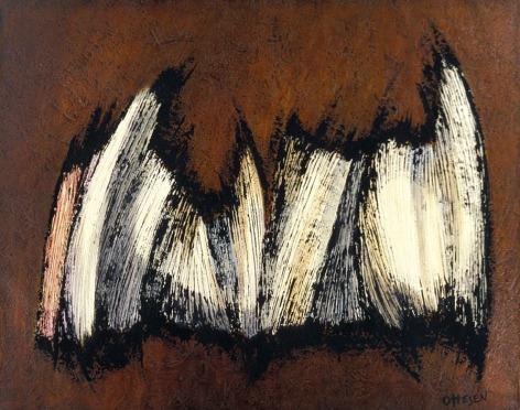 Image of untitled encaustic oil painting (010) by Frederik Ottesen of a white and black abstract form on a rich brown background.
