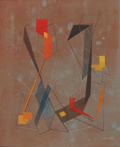 Image of sold untitled mixed media abstract painting in browns, reds, yellows and blue by Albert Patecky.