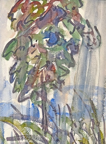 Image of close-up detail of &quot;The Rainstorm&quot; watercolor painting by Allen Tucker showing a tree in a field with rain washing down on everything.