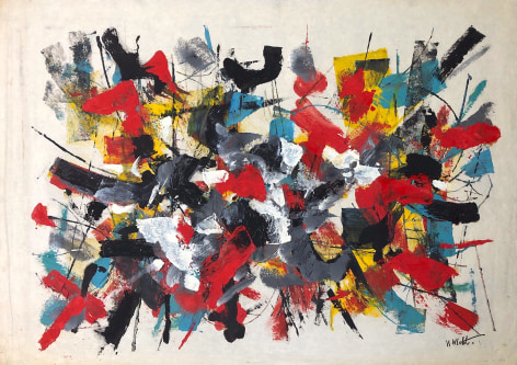 Image of sold mixed media abstract artwork entitled &quot;Jour de Fete&quot; in red, gray, black, yellow and blue by John Von Wicht.