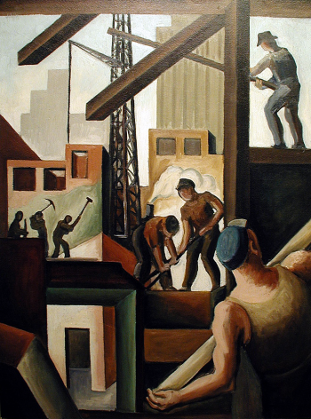 Image of sold oil painting by William Palmer showing several steel workers laboring at different jobs.