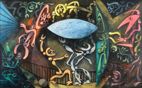 Image of abstract figurative oil painting entitled &quot;Inevitable Day - Birth of the Atom&quot; by Julio De Diego showing humanoid and creature-like figures around a blue eye-like shape.