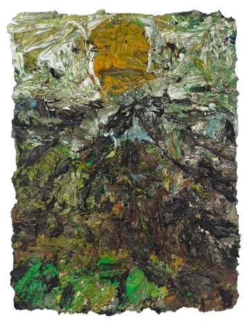Image of abstract multi-dimensional painting by Joel Longenecker in greens, browns, grays and ochre.