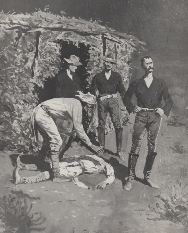 Image of Frederic Remington's sold painting entitled &quot;The Captain Looked at the Moon&quot; showing three army men standing around two Native Americans, one of whom is on the ground.