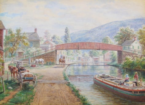 Image of &quot;Delaware &amp; Hudson Canal, Ellenville, NY&quot; watercolor painting by artist E.L. Henry depicting and old fashioned barge being drawn along a canal by horses; alongside the canal is a roadway in a town with other horses, buildings and people..