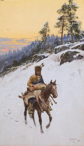 Image of sold gouache painting entitled &quot;Returning from the Hunt&quot; by Henry Farny showing a Native American riding a horse while carrying a dead deer in winter.