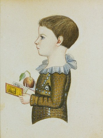 Image of sold watercolor profile portrait of A. Moses standing in profile and holding an apple and booklet by Edwin Plummer.