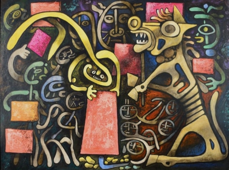 Image of tempera and oil painting entitled &quot;Trojan Horse&quot; by Julio De Diego showing a abstract skeletal horse sitting down with random colorful figures.
