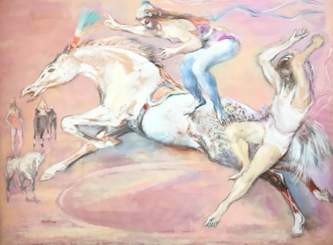 Images of &quot;Circus Jumpers No 2&quot; painting by artist Jon Corbino showing two circus stunt riders jumping off a white horse in the foreground with other riders and horses in the background on the left. The primary colors are pinks, light yellows, light blues and whites..