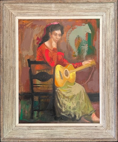 Image of wooden frame on the &quot;Folk Singer&quot; oil painting by Byron Browne.