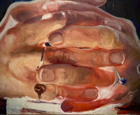 Image of painting by Camilla Fallon depicting a pair of clasped hands with rings on two fingers.