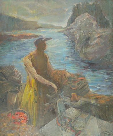 Image of sold oil and egg tempera painting showing a lobsterman in his boat with lobsters aboard by Edward Chirstiana.